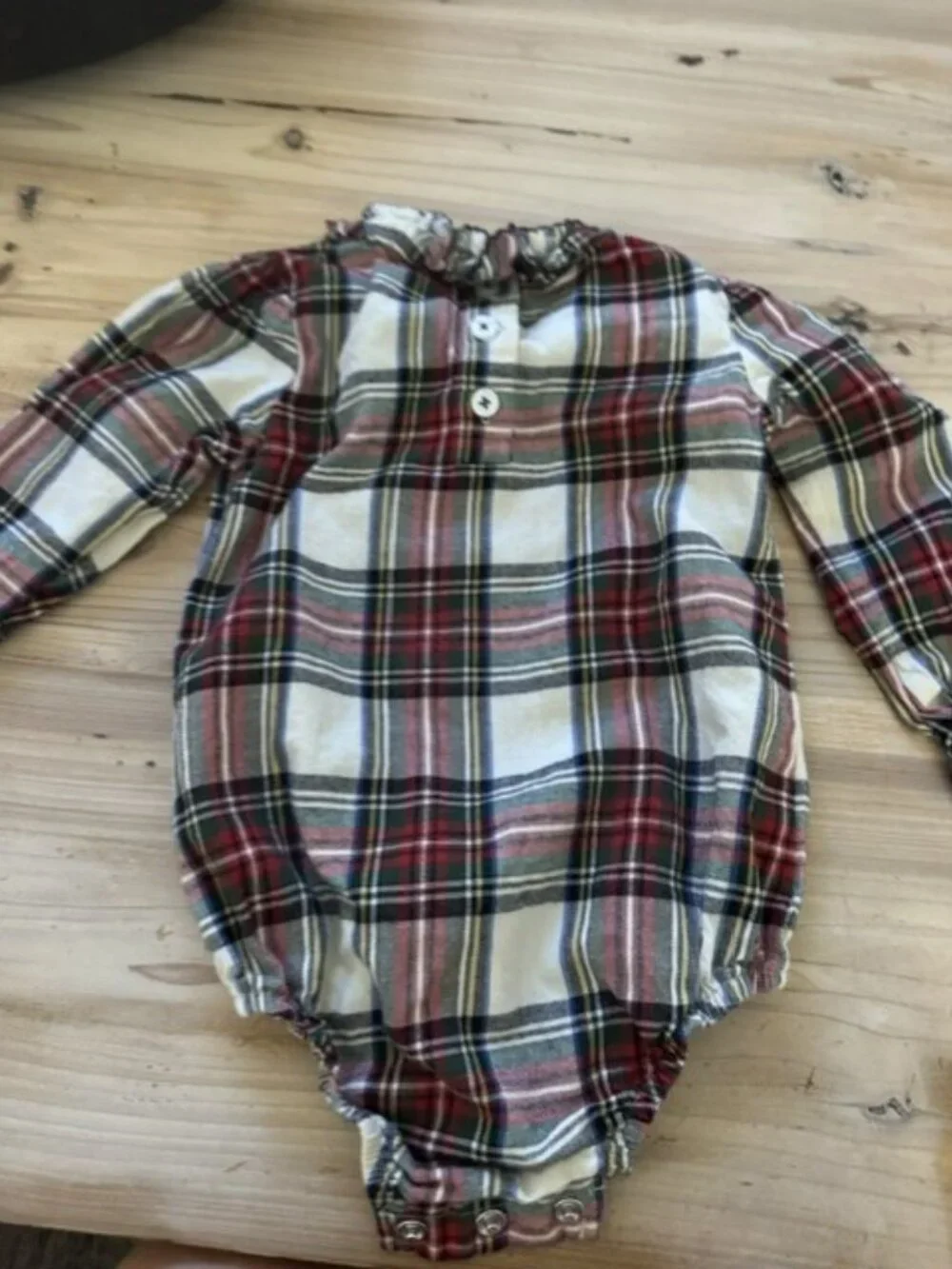 The Beaufort Bonnet Company. Plaid flannel onesie with ruffle collar. Size 12-18